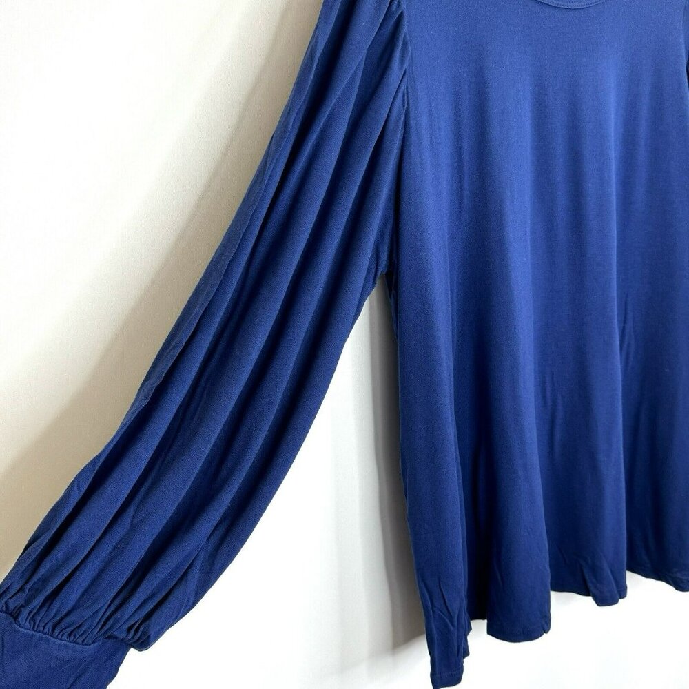 Modcloth Top Womens Plus Size 2X Long Balloon Sleeve Solid Blue Round Neck Shirt - Picture 3 of 5